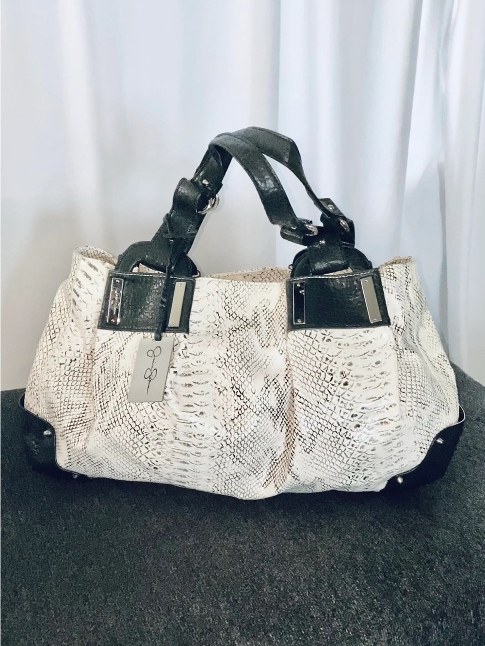 Jessica Simpson Women's Snake-Embossed Satchel Handbag in White and Black